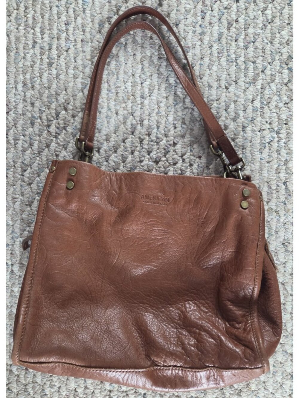 American Leather Co Lenox Triple Entry Satchel Bag Purse Brown Leather Pebbled